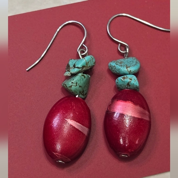 Vintage Red Bead and Turquoise Dangle Earrings Inclued Extra 925 Silver Hooks - Picture 7 of 17